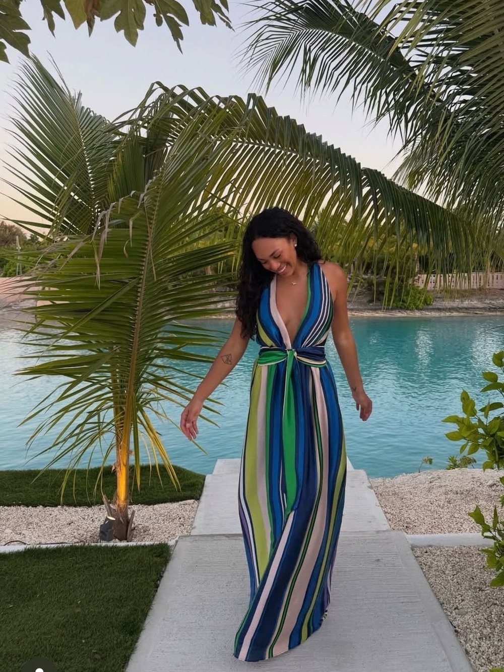 Ramy Brook Multi-Stripe Deep V Tie-Waist Maxi Dress - Blue/Green